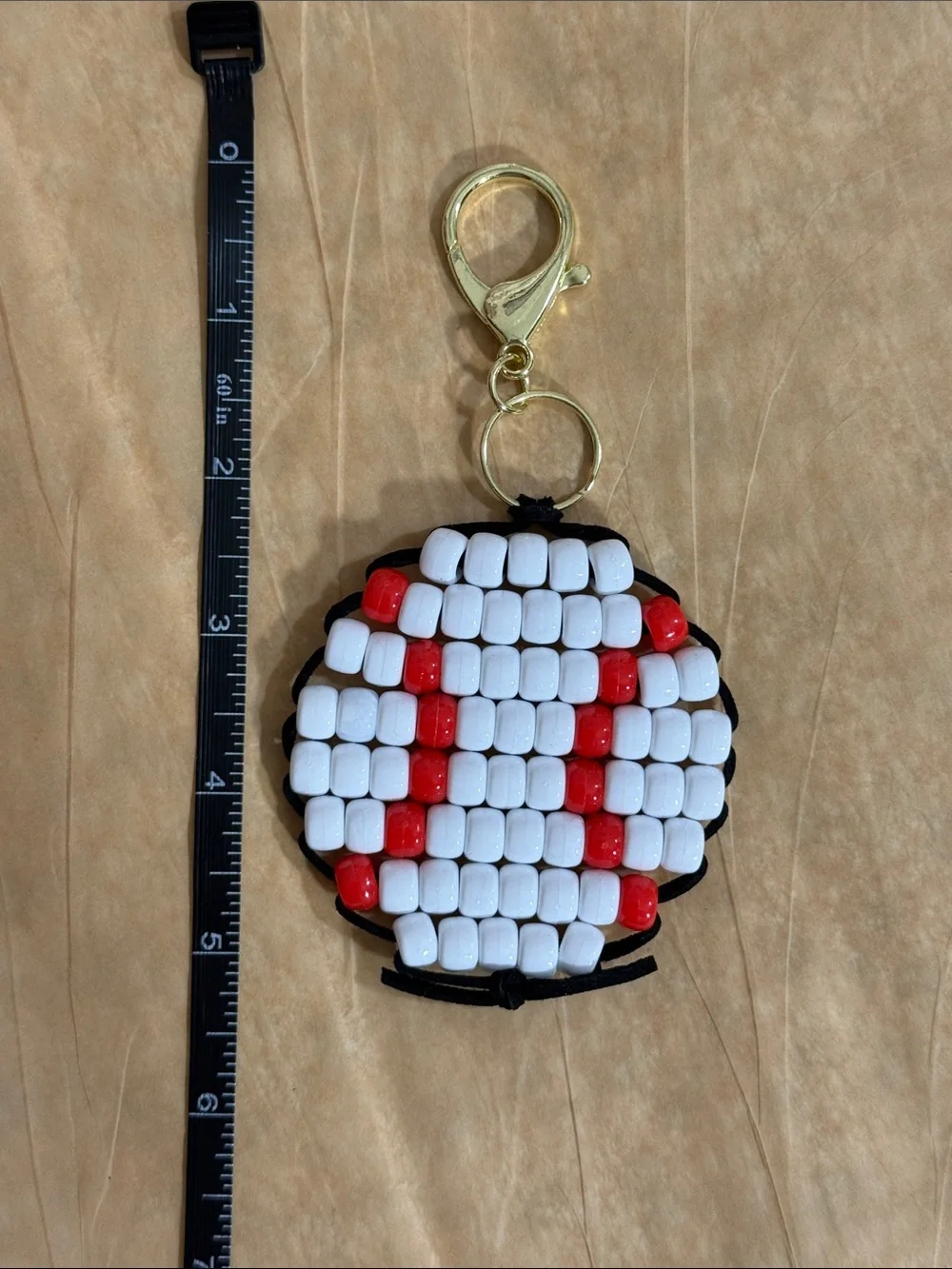 Handmade White & Red Beaded Baseball Keychain